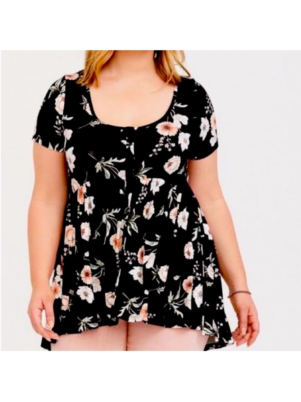 Floral Babydoll Button-Front Short Sleeve Tunic Top